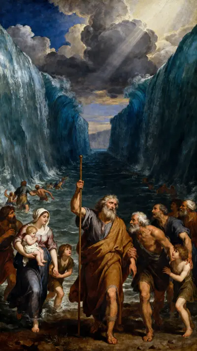 Renaissance oil painting of Moses with a staff parting the Red Sea as families cross between massive water walls.