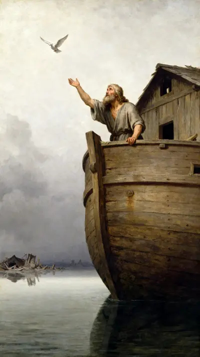 Renaissance oil painting of Noah on the Ark releasing a white dove over calm floodwaters under a grey sky.
