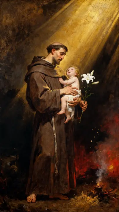 Oil painting of Saint Anthony holding the Christ Child and a lily with dramatic high-contrast golden lighting and deep shadows.