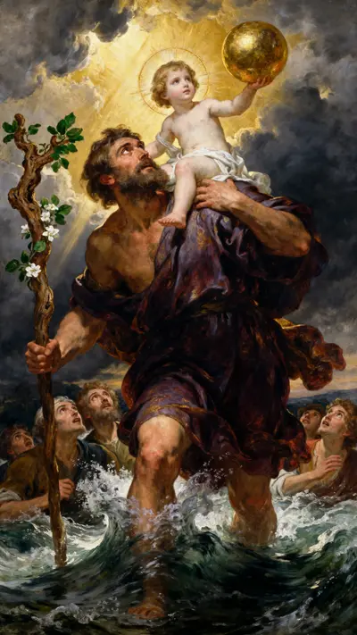 A detailed oil painting of a giant man carrying a child across a stormy river with divine light beams.