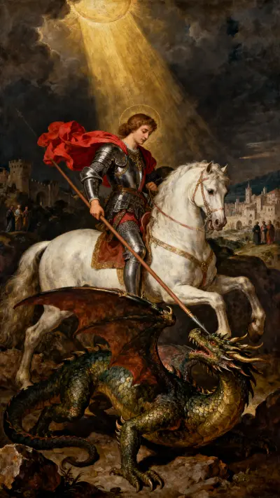 Saint George in silver armor on a white horse slaying a green dragon with a lance in a Renaissance painting.