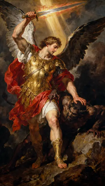 A classical oil painting of Archangel Michael with wings and armor defeating a fallen figure with a sword.
