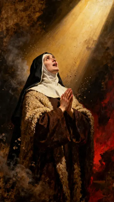 A classical oil painting of a nun in ecstasy illuminated by a single beam of light in a dark room.