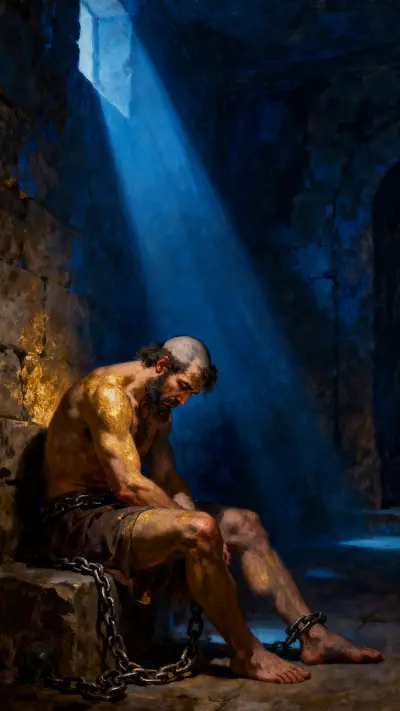 Renaissance oil painting of a defeated Samson sitting in chains with his head bowed as light hits his face.