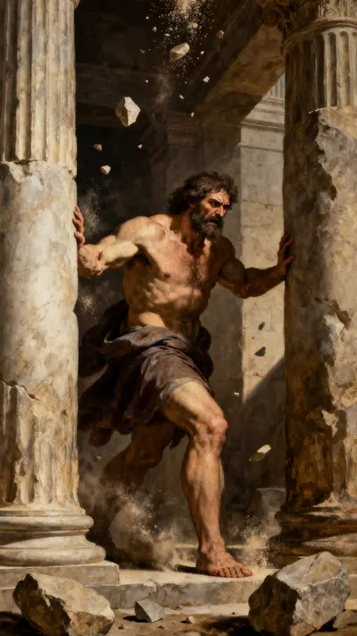 Renaissance oil painting of a muscular Samson pushing against two giant stone pillars in a classical building.