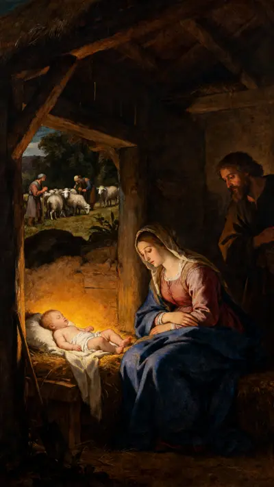 Renaissance oil painting of Mary and Joseph in a stable with the infant Jesus emitting a soft warm glow.