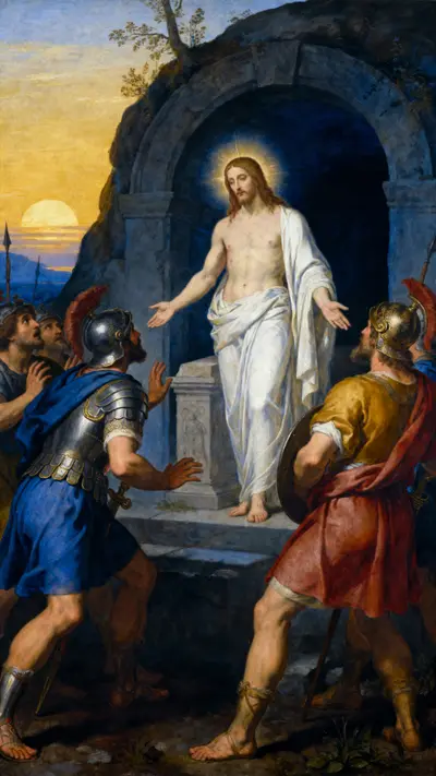 Renaissance oil painting of Jesus Christ emerging from the tomb with radiant light as Roman guards recoil.