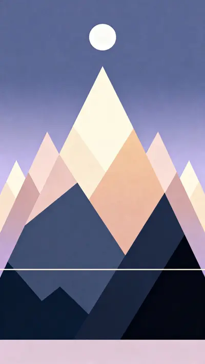 Flat geometric mountain range with triangular peaks in dusty rose and slate blue under a lavender to midnight blue gradient sky