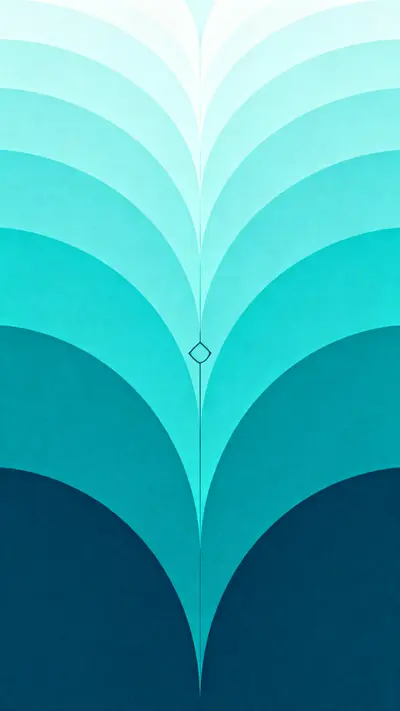 Concentric geometric wave arcs stacked symmetrically from deep teal at base to pale aqua at top with a diamond focal point