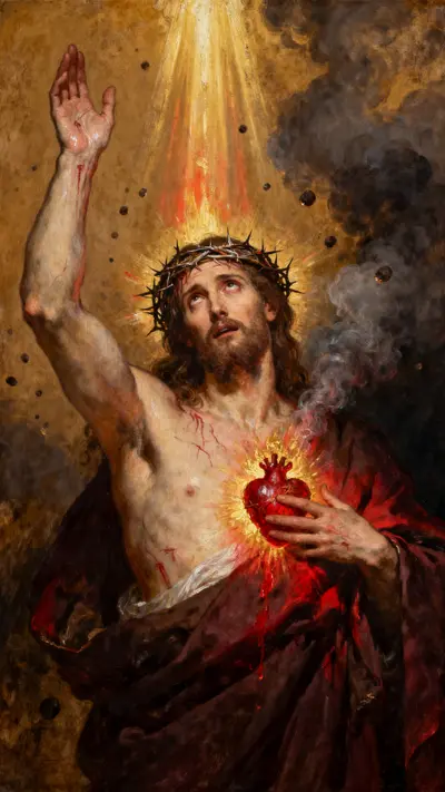 Sacred Heart of Jesus in Academic Romantic oil painting, burning heart radiating light, crown of thorns, hand raised in blessing