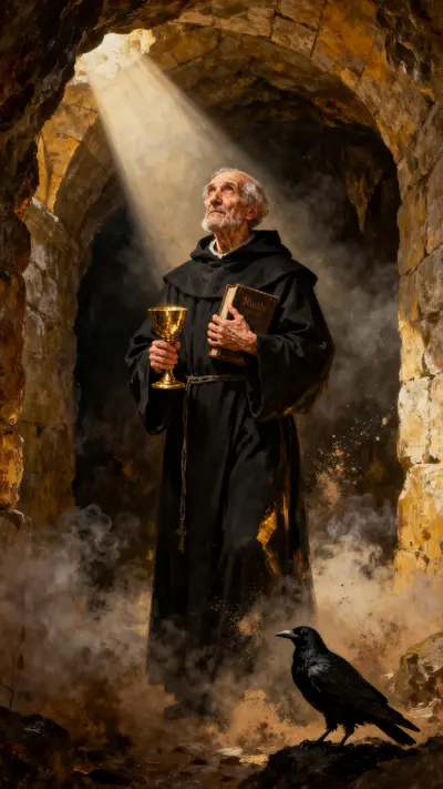 Saint Benedict in black Benedictine habit holding a golden chalice and his Rule, illuminated by divine light, raven at his feet