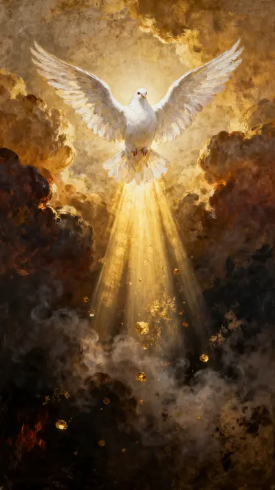 Academic Romantic oil painting of the Holy Spirit as a white dove descending through golden rays and tenebristic darkness