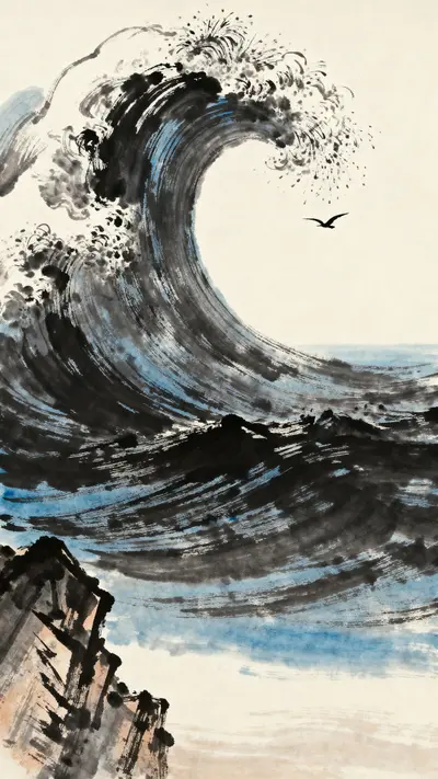 Sumi-e ink wash painting of a dramatic crashing ocean wave with dry-brush foam and a lone seabird in charcoal and indigo