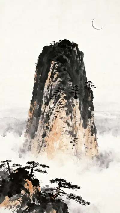 Sumi-e ink wash painting of a tall mountain rising from mist with pine silhouettes and crescent moon on ivory paper